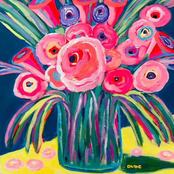 Original Abstract Floral Painting: Colorful Flowers Vase Still Life 12"x12" OOAK - Picture 1 of 10